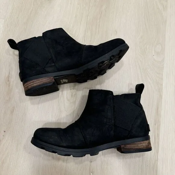 Sorel Women's Emelie Chelsea Black Leather Boots Size‎ 7.5 Ankle