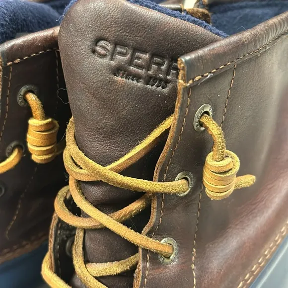 Sperry Women’s Saltwater Duck Weather Leather Boot Tan &amp; Navy Blue / Sz 8 / EUC