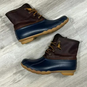 Sperry Women’s Saltwater Duck Weather Leather Boot Tan &amp; Navy Blue / Sz 8 / EUC