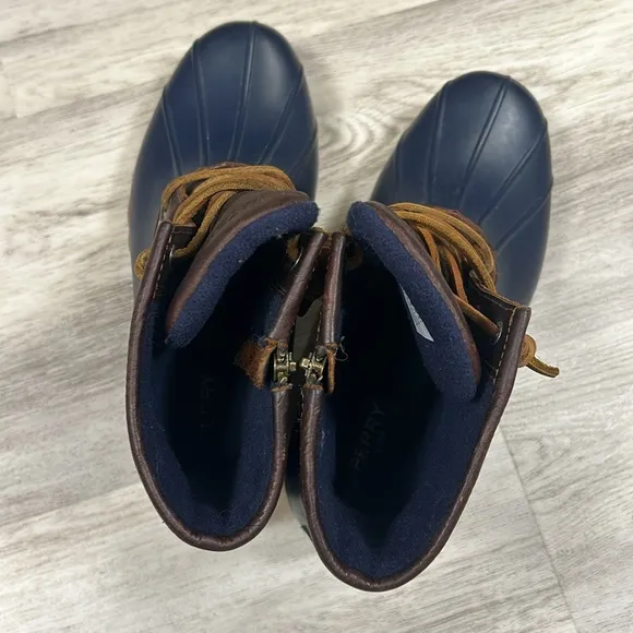 Sperry Women’s Saltwater Duck Weather Leather Boot Tan &amp; Navy Blue / Sz 8 / EUC