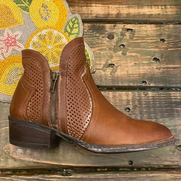Sterling River Perforated Brown Whitewashed Leather Double Zipper Bootie