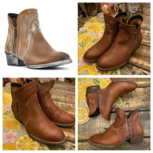 Sterling River Perforated Brown Whitewashed Leather Double Zipper Bootie