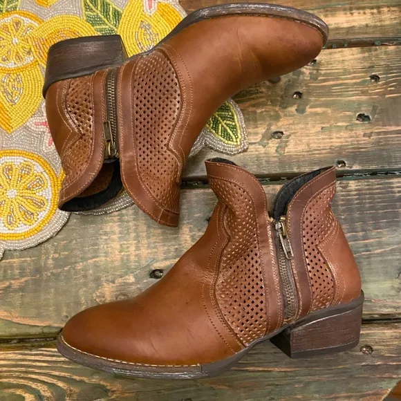 Sterling River Perforated Brown Whitewashed Leather Double Zipper Bootie