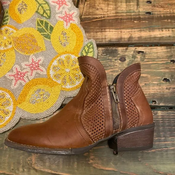 Sterling River Perforated Brown Whitewashed Leather Double Zipper Bootie