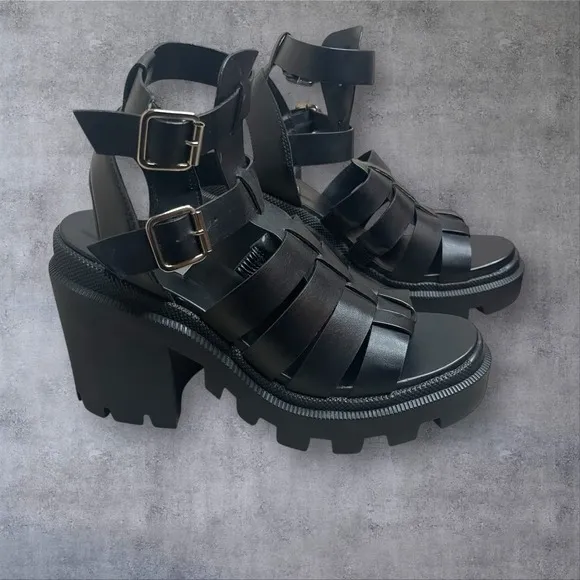 Steve Madden Black Cosmic Lug Chunky Platform Fisherman Ankle Sandals Womens 9