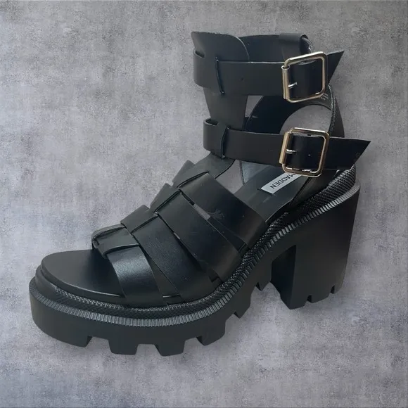 Steve Madden Black Cosmic Lug Chunky Platform Fisherman Ankle Sandals Womens 9