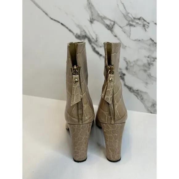 STUART WEITZMAN Beige CROC Embossed LEATHER Ankle Zip Heel BOOTS 8.5 Exotic Fall