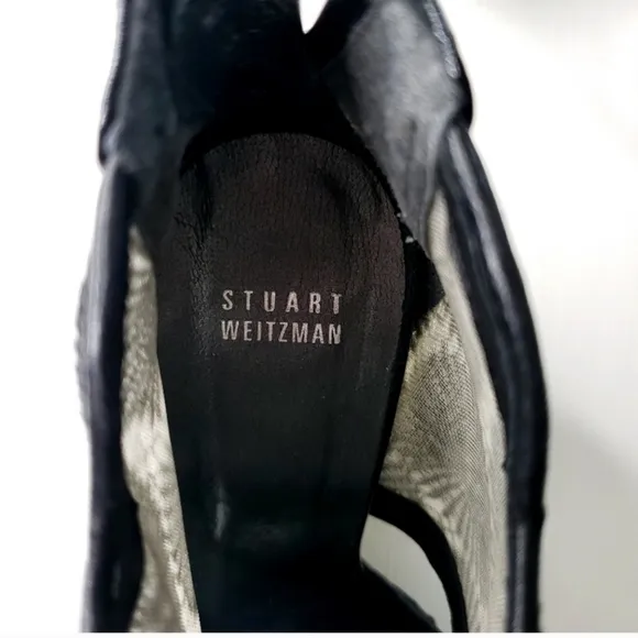 Stuart Weitzman Black Lace And Patent Leather Wedge open toe Ankle Boots sz8.5