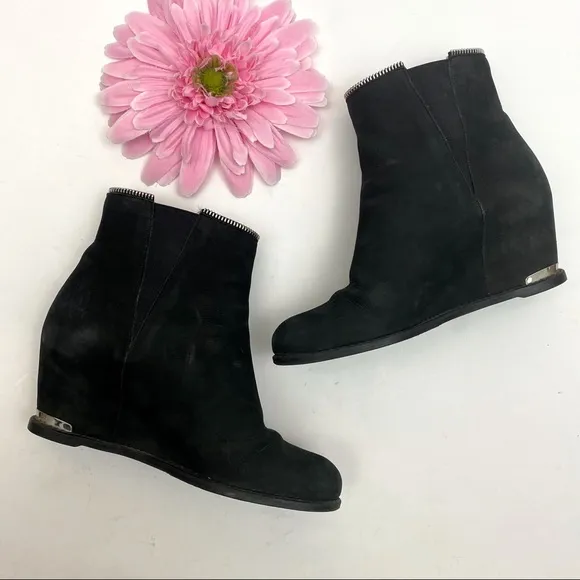 Stuart Weitzman Leather Suede Wedge Ankle Boots: Black
