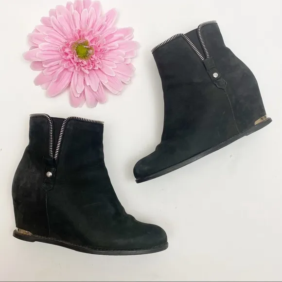 Stuart Weitzman Leather Suede Wedge Ankle Boots: Black