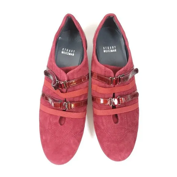Stuart Weitzman Suede leather Sneakers Red Burgundy Jewel Shoes Size 8.5