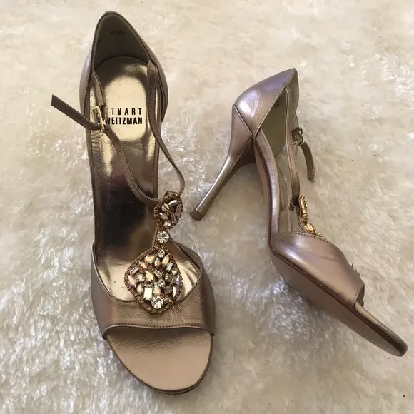Stuart Weitzman Tan Metallic Embellished Sandals