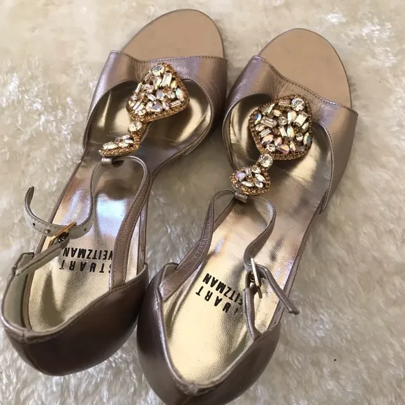 Stuart Weitzman Tan Metallic Embellished Sandals