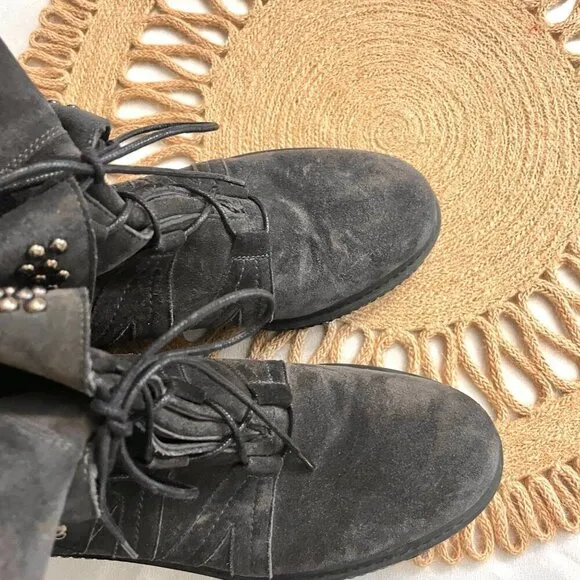 Stuart Weitzman Yadastud Grey Suede Chain-Link Fold Down Studded Ankle Boots 6