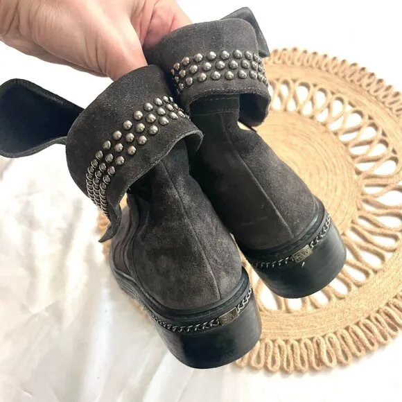 Stuart Weitzman Yadastud Grey Suede Chain-Link Fold Down Studded Ankle Boots 6