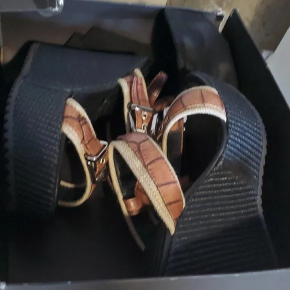 Stylish Brown and Black Wedge Sandals