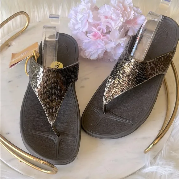 Stylish FitFlop Women Sandal Brown Tone Sequin Thong Shoe Brown Platform