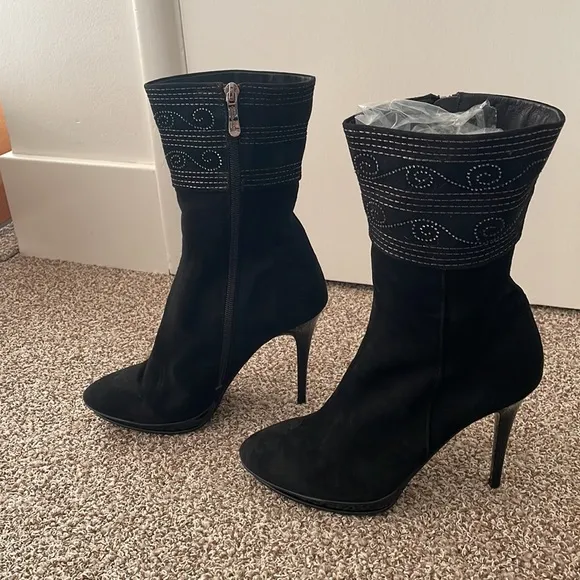Suede Black Booties with Rhinestone Embellishment