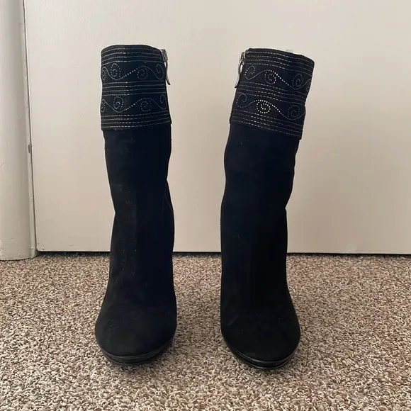 Suede Black Booties with Rhinestone Embellishment