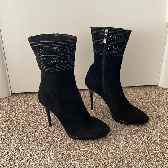 Suede Black Booties with Rhinestone Embellishment