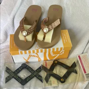 Switch Flops Brown and Tan Polka Dot three extra straps women’s 11 NWT bundle