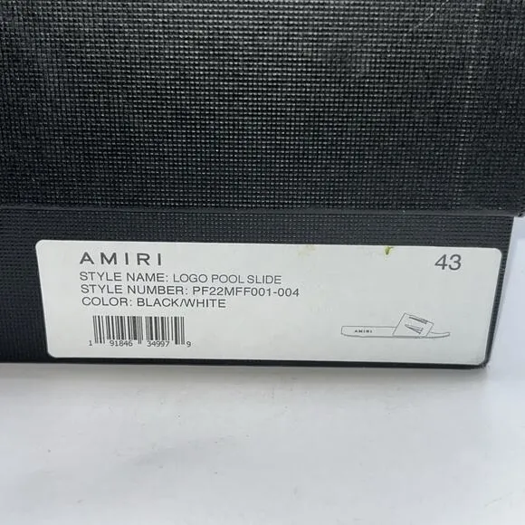 Sz 43/11 - Amiri Men’s Pool Beach Slides Sandals Flip Flops Logo Black White New