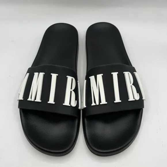 Sz 43/11 - Amiri Men’s Pool Beach Slides Sandals Flip Flops Logo Black White New