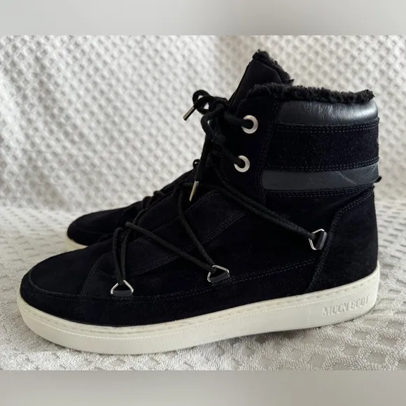 Tecnica Moon Boots Mercury High Paris Boot Black Suede Leather Faux Fur Size 10