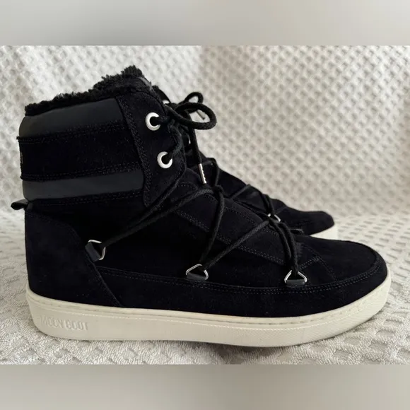 Tecnica Moon Boots Mercury High Paris Boot Black Suede Leather Faux Fur Size 10