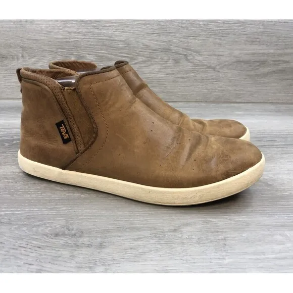 TEVA 1018196 Women Brown Leather Slip On Round Toe Ankle Chelsea Boots Size US 8