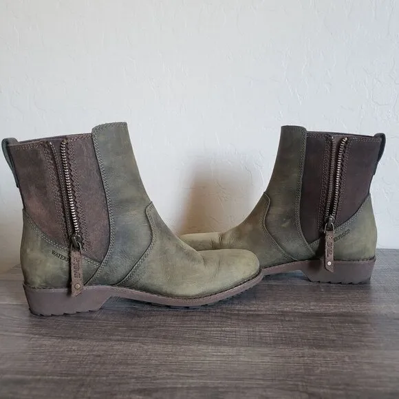 Teva Ellery Ankle Waterproof Distressed Leather Boots Olive Green Sz Women's 6.5