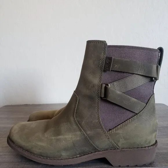 Teva Ellery Ankle Waterproof Distressed Leather Boots Olive Green Sz Women's 6.5