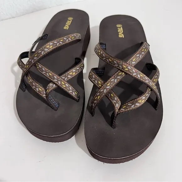 Teva Mandalyn Brown Strappy Wedge Platform Flip Flops Sandals  11