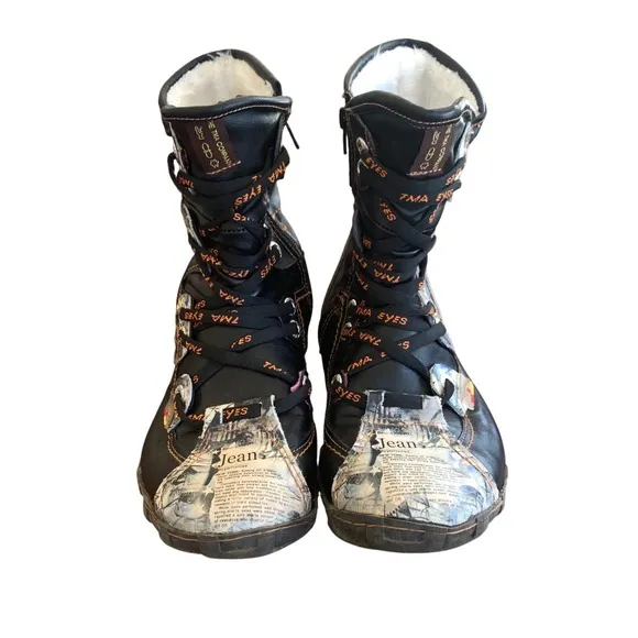 The Tma Company Leather Boots Lace Up Ankle Black Newspaper Print EU39/US8