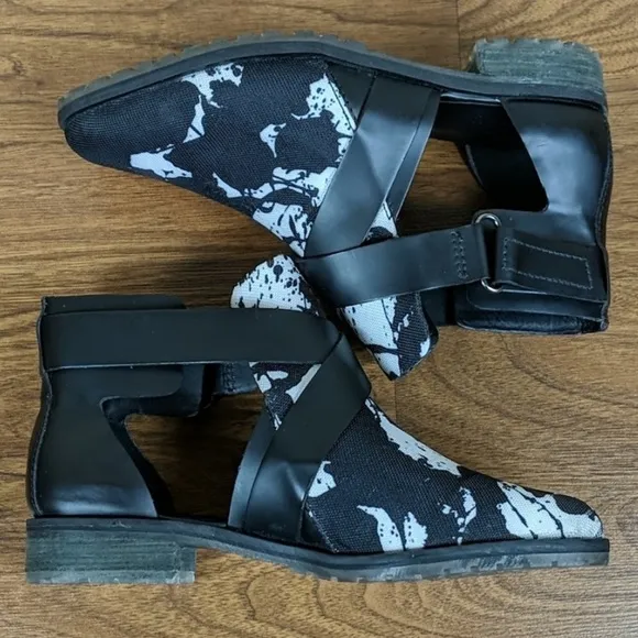 Tibi black &amp; white monochrome pointed toe strapped zip up cut-out ankle boots