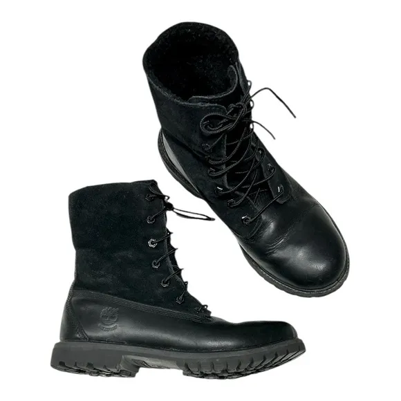 Timberland Black Leather Teddy Fleece Waterproof Fold Down Boots Lace Up Sz 9