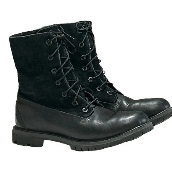Timberland Black Leather Teddy Fleece Waterproof Fold Down Boots Lace Up Sz 9