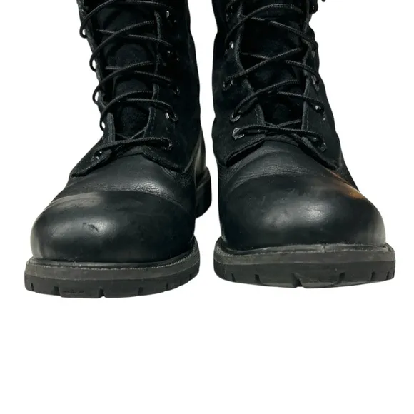 Timberland Black Leather Teddy Fleece Waterproof Fold Down Boots Lace Up Sz 9