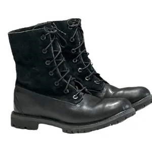 Timberland Black Leather Teddy Fleece Waterproof Fold Down Boots Lace Up Sz 9