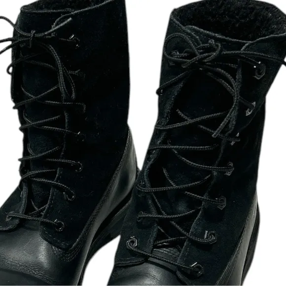 Timberland Black Leather Teddy Fleece Waterproof Fold Down Boots Lace Up Sz 9