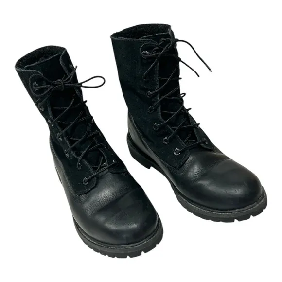 Timberland Black Leather Teddy Fleece Waterproof Fold Down Boots Lace Up Sz 9