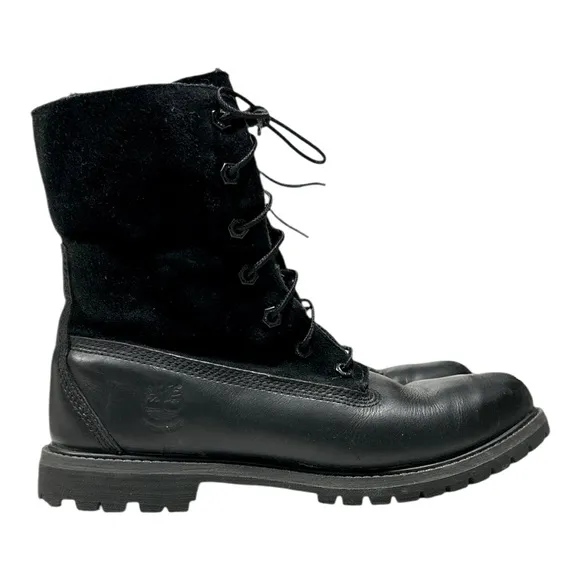 Timberland Black Leather Teddy Fleece Waterproof Fold Down Boots Lace Up Sz 9