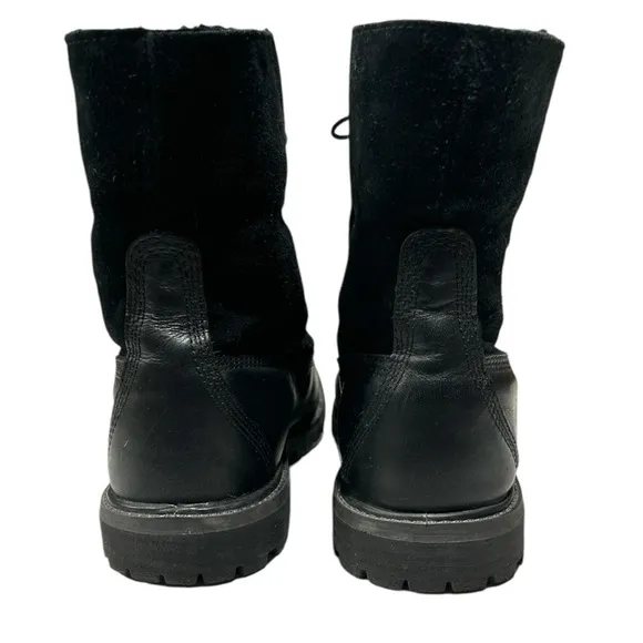 Timberland Black Leather Teddy Fleece Waterproof Fold Down Boots Lace Up Sz 9