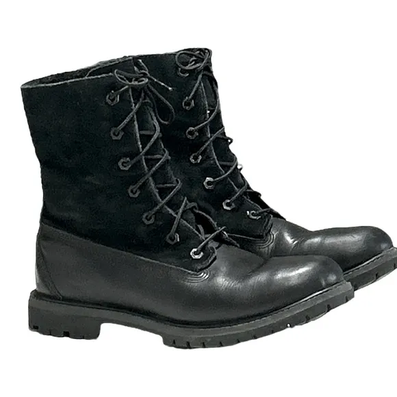 Timberland Black Leather Teddy Fleece Waterproof Fold Down Boots Lace Up Sz 9