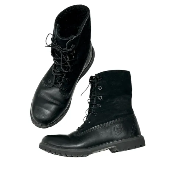 Timberland Black Leather Teddy Fleece Waterproof Fold Down Boots Lace Up Sz 9