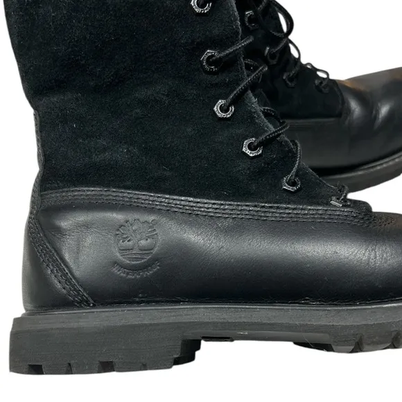 Timberland Black Leather Teddy Fleece Waterproof Fold Down Boots Lace Up Sz 9