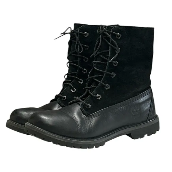 Timberland Black Leather Teddy Fleece Waterproof Fold Down Boots Lace Up Sz 9