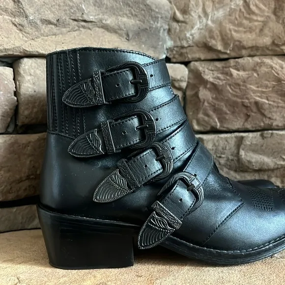 Toga Pulla Quadruple Buckle Western Ankle Boots‎ / Black / SZ 36 or 6