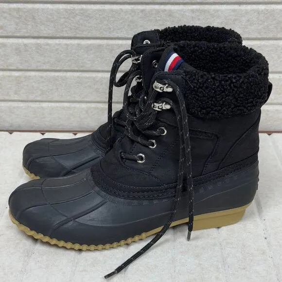 Tommy Hilfiger Black Waterproof Winter Duck Boots 9Sherpa Lining &amp; Rubber Soles