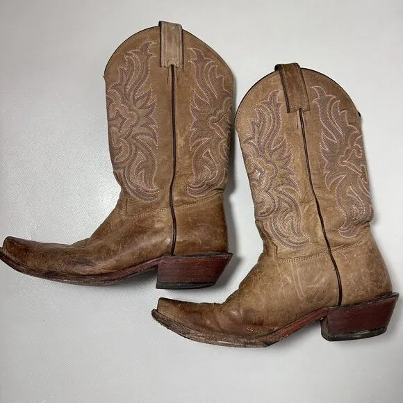 Tony Lama Boots Womens 8B Cowgirl Tan Neutral Leather Snip Toe Western Rodeo